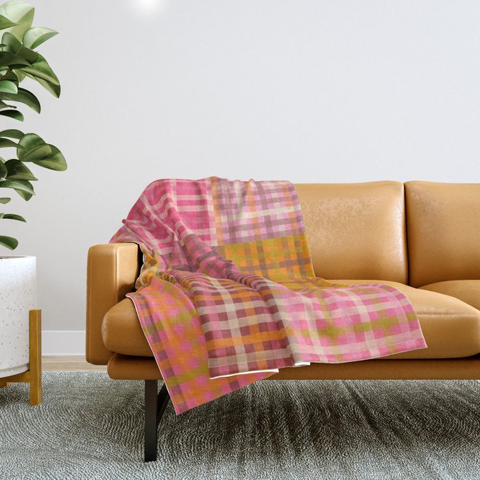Gingham Patchwork Retro Plaid Check Pattern Pink Orange Moss Throw Blanket Gallery Image 1