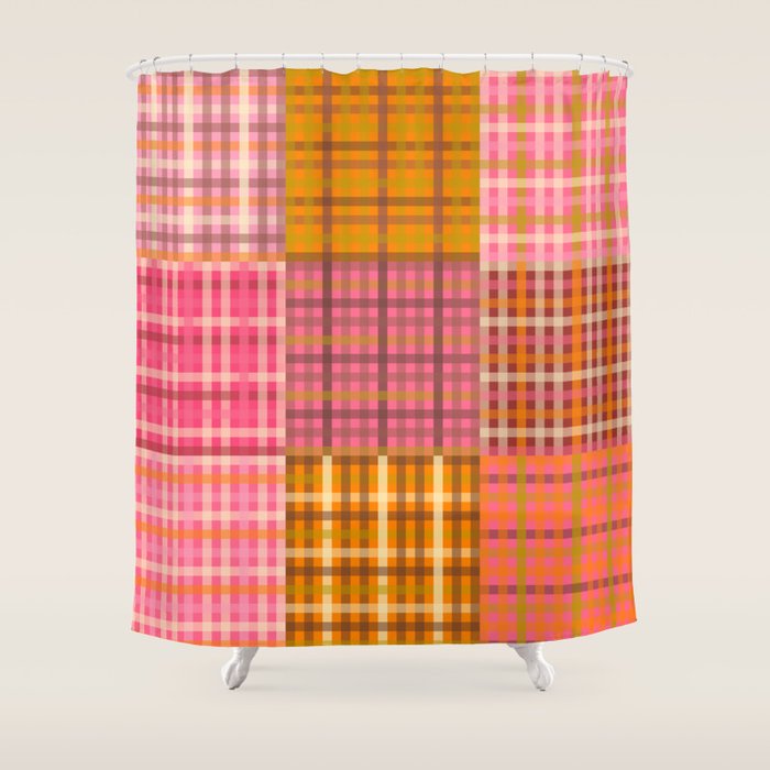 Gingham Patchwork Retro Plaid Check Pattern Pink Orange Moss Shower Curtain Gallery Image 1