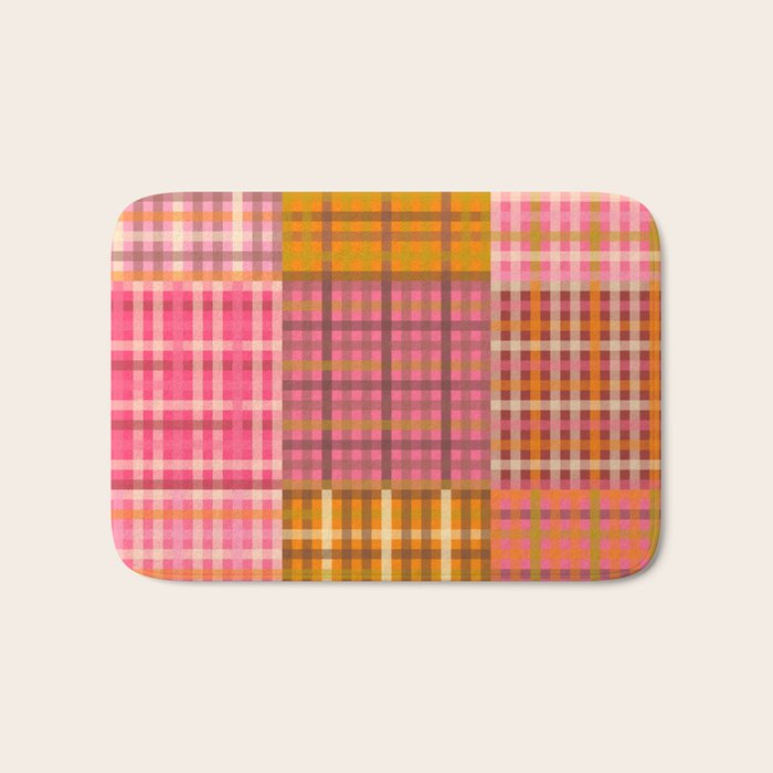 Gingham Patchwork Retro Plaid Check Pattern Pink Orange Moss Bath Mat Gallery Image 1