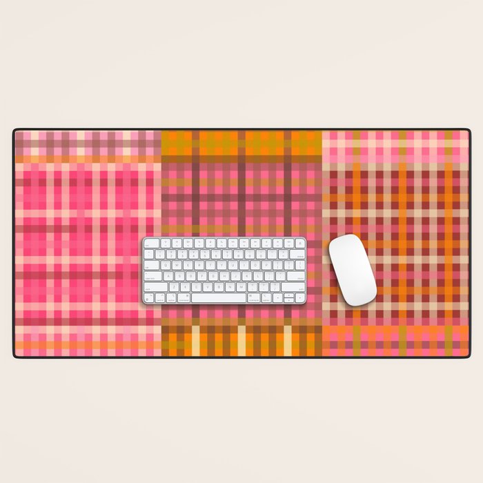 Gingham Patchwork Retro Plaid Check Pattern Pink Orange Moss Desk Mat Gallery Image 1