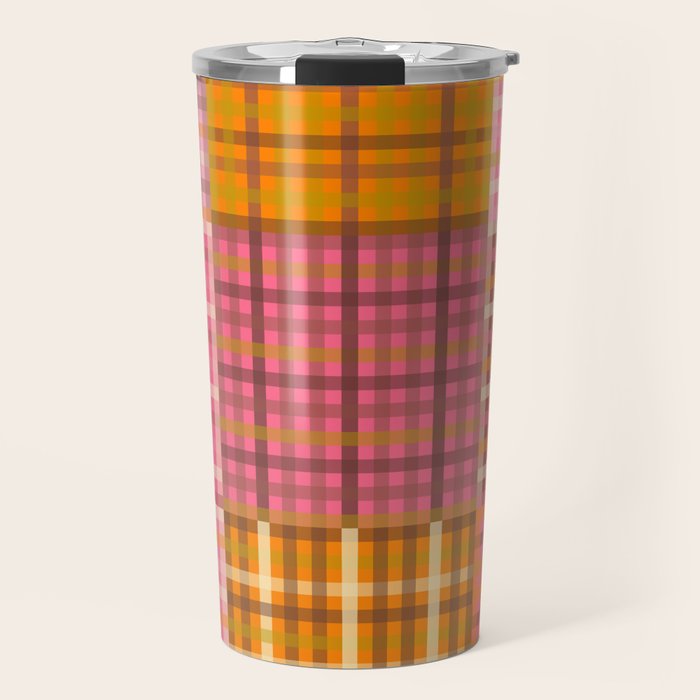 Gingham Patchwork Retro Plaid Check Pattern Pink Orange Moss Travel Mug Gallery Image 1