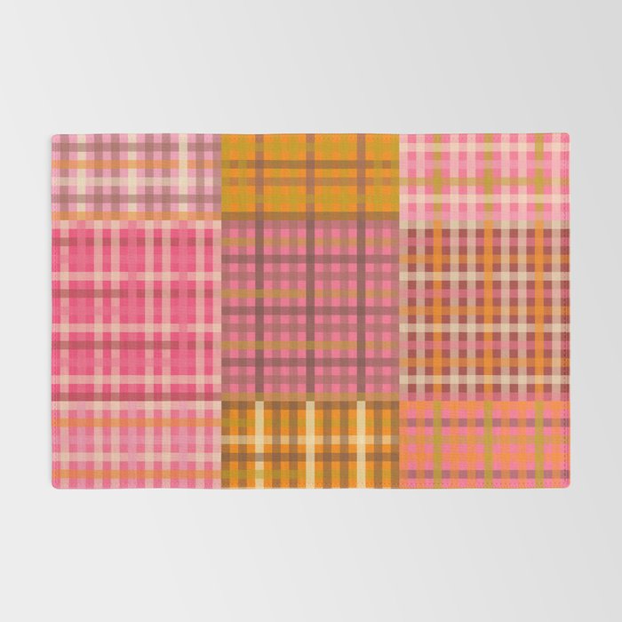 Gingham Patchwork Retro Plaid Check Pattern Pink Orange Moss Rug Gallery Image 2
