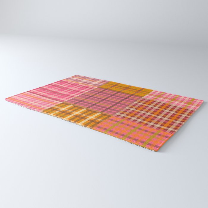 Gingham Patchwork Retro Plaid Check Pattern Pink Orange Moss Rug Gallery Image 3