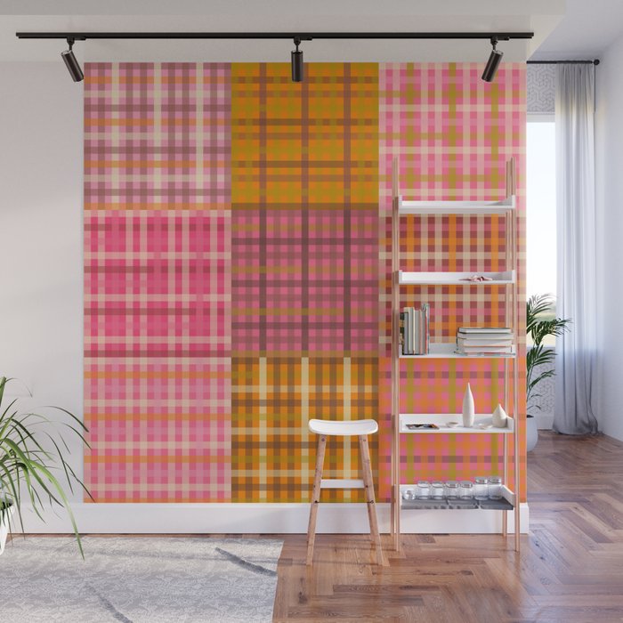Gingham Patchwork Retro Plaid Check Pattern Pink Orange Moss Wall Mural Gallery Image 1