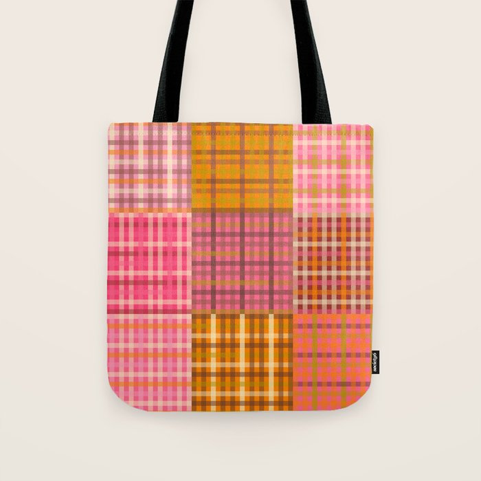 Gingham Patchwork Retro Plaid Check Pattern Pink Orange Moss Tote Bag Gallery Image 1