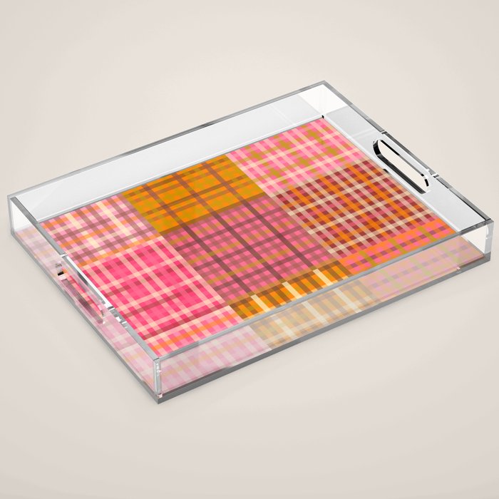 Gingham Patchwork Retro Plaid Check Pattern Pink Orange Moss Acrylic Tray Gallery Image 1