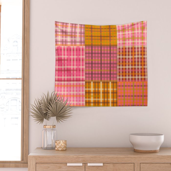 Gingham Patchwork Retro Plaid Check Pattern Pink Orange Moss Wall Tapestry Gallery Image 2