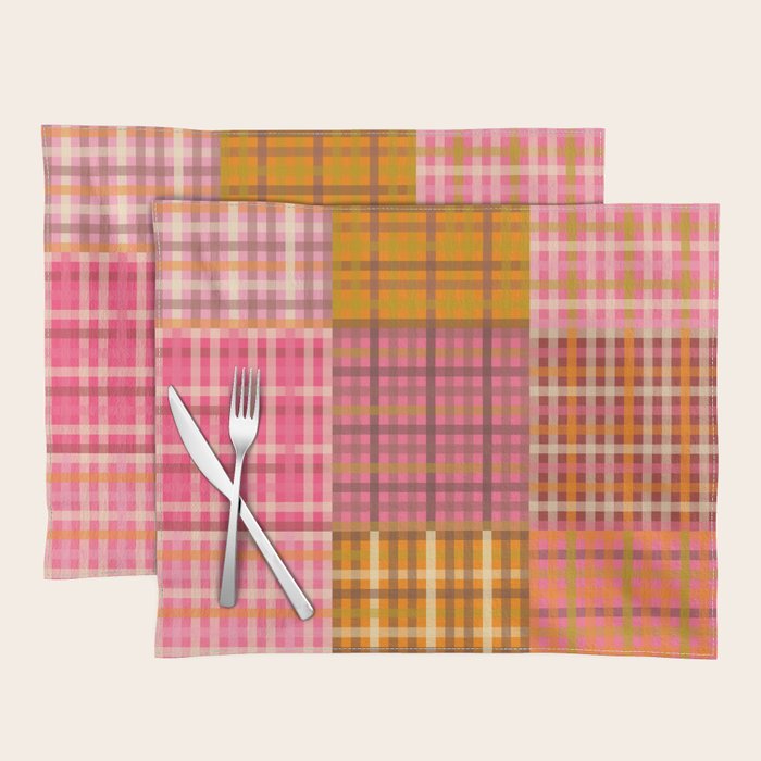 Gingham Patchwork Retro Plaid Check Pattern Pink Orange Moss Placemat Gallery Image 1