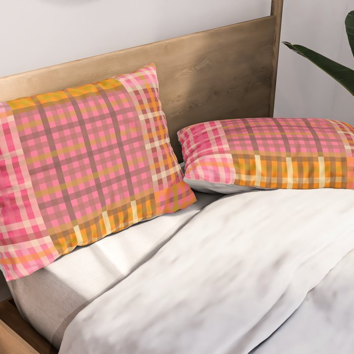 Gingham Patchwork Retro Plaid Check Pattern Pink Orange Moss Pillow Sham Gallery Image 2