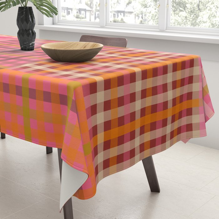 Gingham Patchwork Retro Plaid Check Pattern Pink Orange Moss Tablecloth Gallery Image 3