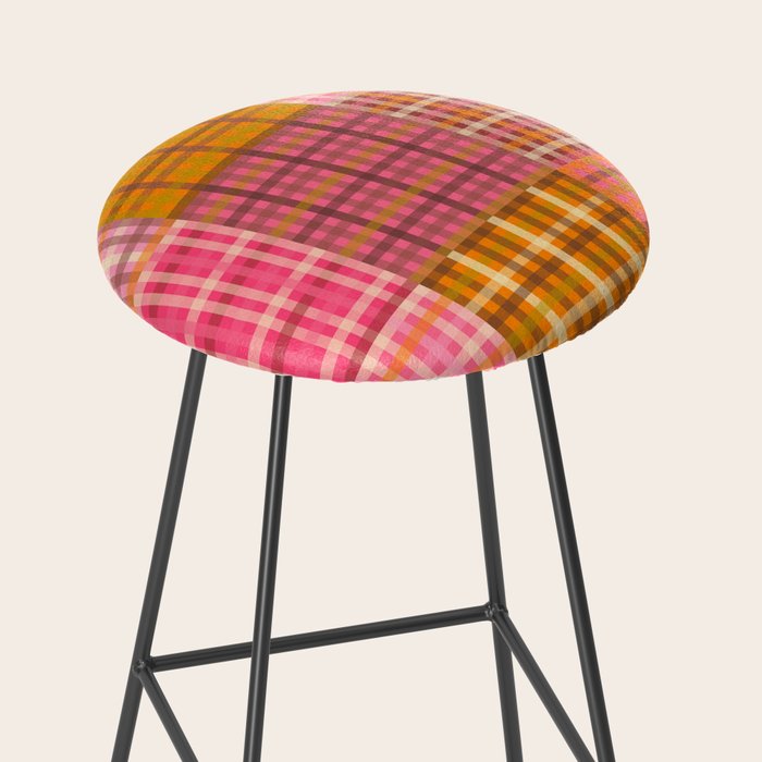 Gingham Patchwork Retro Plaid Check Pattern Pink Orange Moss Stool Gallery Image 2