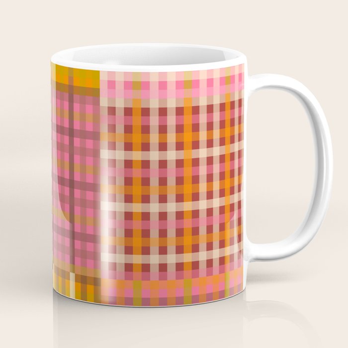 Gingham Patchwork Retro Plaid Check Pattern Pink Orange Moss Coffee Mug Gallery Image 1