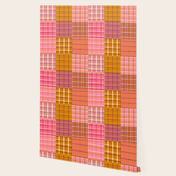 Gingham Patchwork Retro Plaid Check Pattern Pink Orange Moss Wallpaper Gallery Image 2