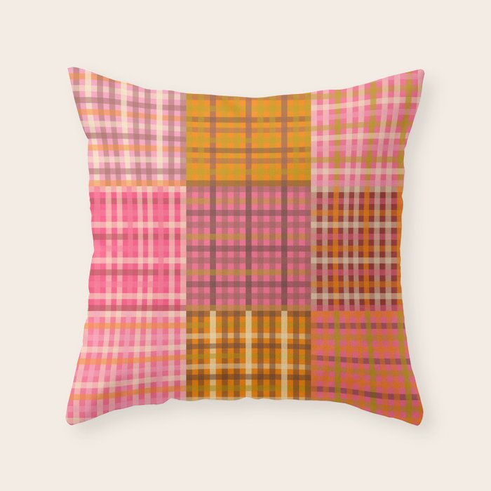 Gingham Patchwork Retro Plaid Check Pattern Pink Orange Moss Throw Pillow Gallery Image 6