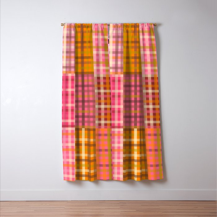Gingham Patchwork Retro Plaid Check Pattern Pink Orange Moss Window Curtain Gallery Image 3