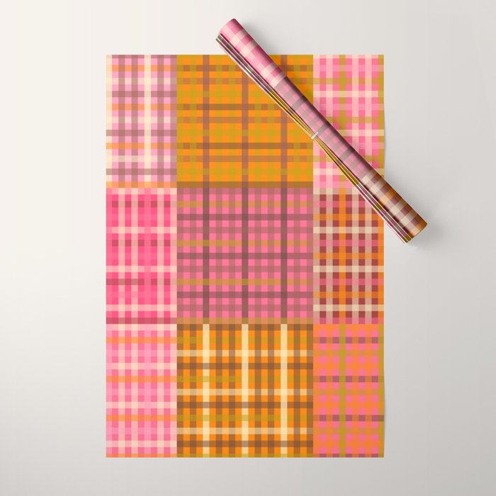 Gingham Patchwork Retro Plaid Check Pattern Pink Orange Moss Wrapping Paper Gallery Image 1
