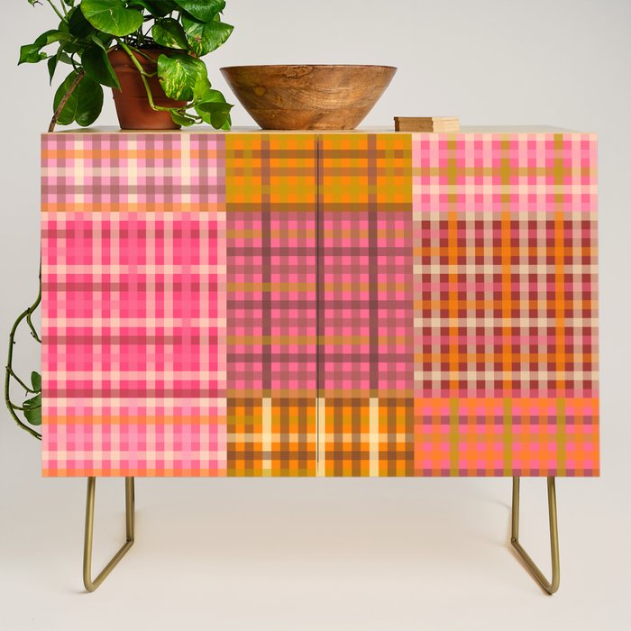 Gingham Patchwork Retro Plaid Check Pattern Pink Orange Moss Credenza Gallery Image 1