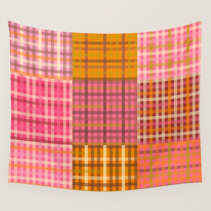 Gingham Patchwork Retro Plaid Check Pattern Pink Orange Moss Wall Tapestry Gallery Image 1