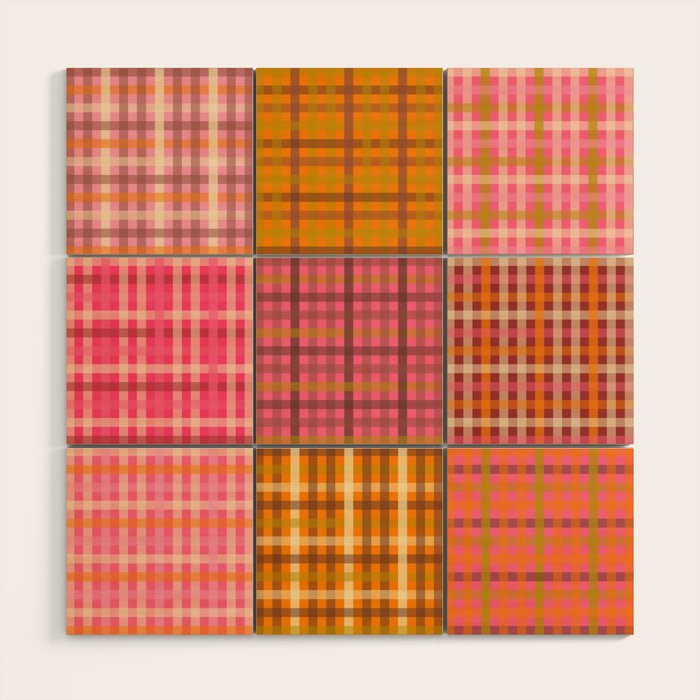 Gingham Patchwork Retro Plaid Check Pattern Pink Orange Moss Wood Wall Art Gallery Image 1