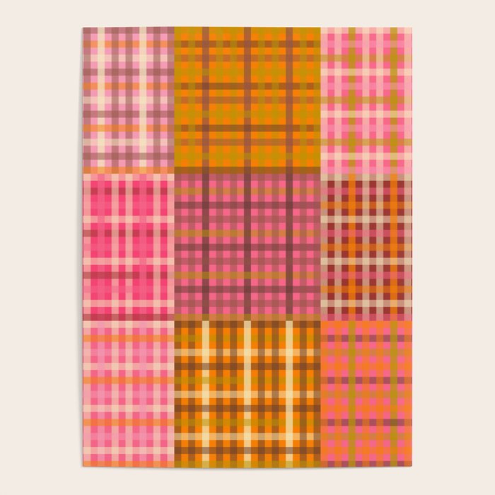 Gingham Patchwork Retro Plaid Check Pattern Pink Orange Moss Poster Gallery Image 1
