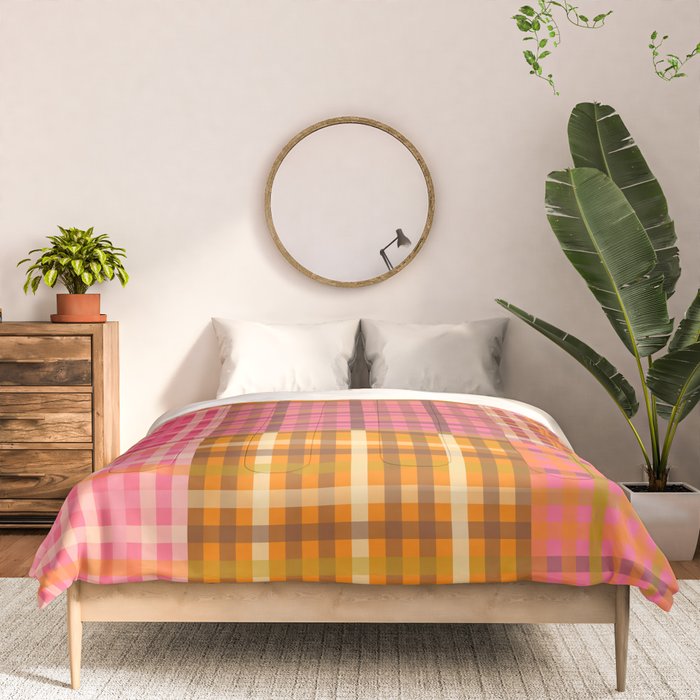 Gingham Patchwork Retro Plaid Check Pattern Pink Orange Moss Comforter Gallery Image 3