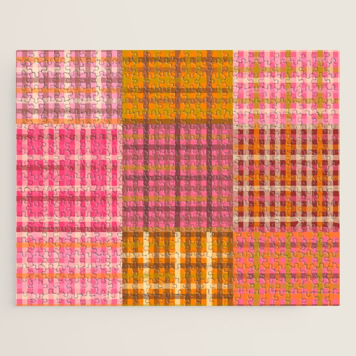 Gingham Patchwork Retro Plaid Check Pattern Pink Orange Moss Jigsaw Puzzle Gallery Image 1