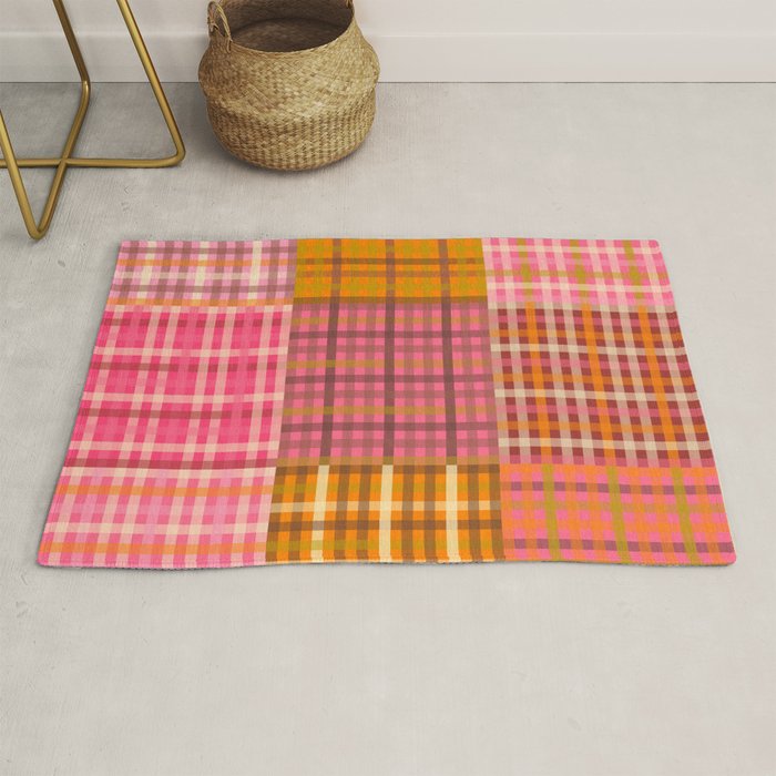 Gingham Patchwork Retro Plaid Check Pattern Pink Orange Moss Rug Gallery Image 1