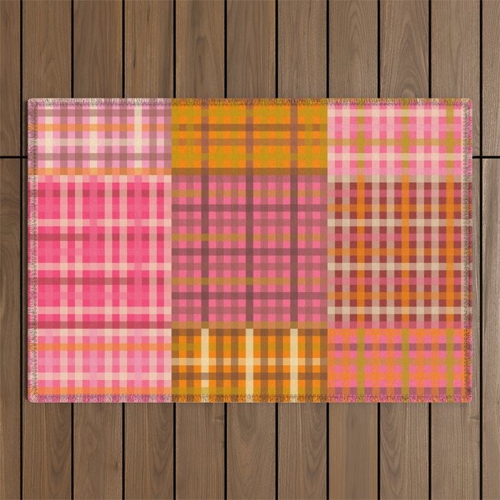 Gingham Patchwork Retro Plaid Check Pattern Pink Orange Moss Outdoor Rug Gallery Image 1