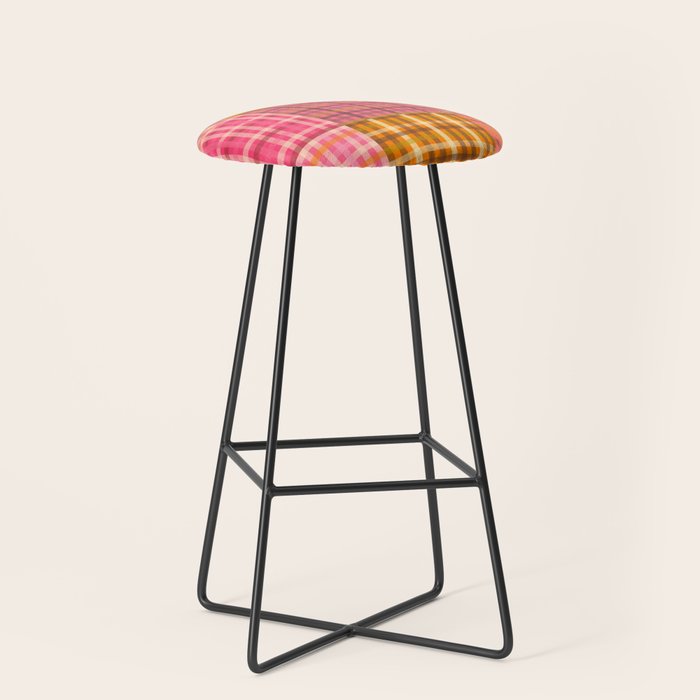 Gingham Patchwork Retro Plaid Check Pattern Pink Orange Moss Stool Gallery Image 1