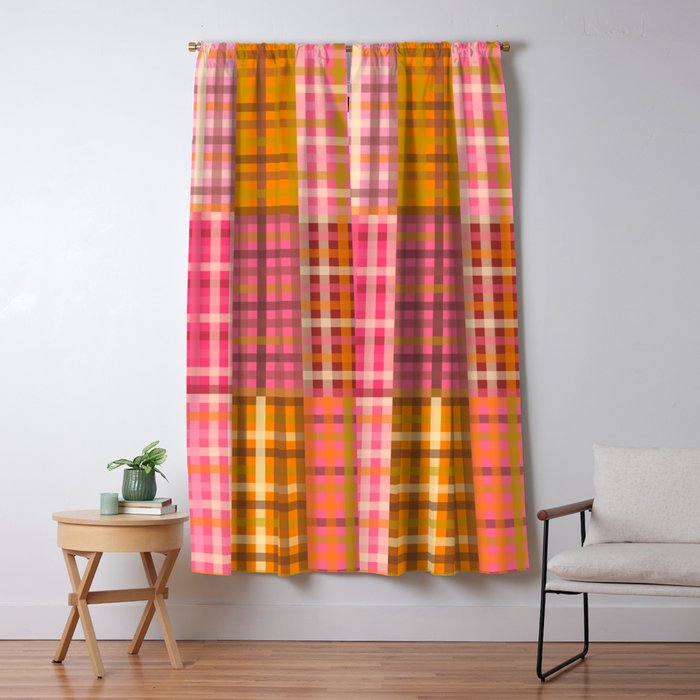 Gingham Patchwork Retro Plaid Check Pattern Pink Orange Moss Window Curtain Gallery Image 1