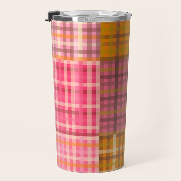 Gingham Patchwork Retro Plaid Check Pattern Pink Orange Moss Travel Mug Gallery Image 3