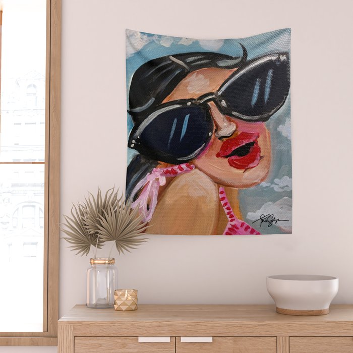 Summertime Girl with Big Black Glasses  Wall Tapestry Gallery Image 2