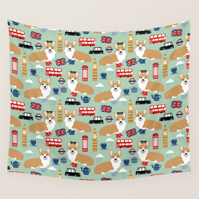 Welsh Corgi london england pattern cute corgis in britain dog breeds by pet friendly Wall Tapestry Gallery Image 1
