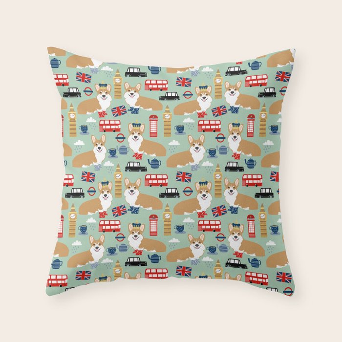Welsh Corgi london england pattern cute corgis in britain dog breeds by pet friendly Throw Pillow Gallery Image 1