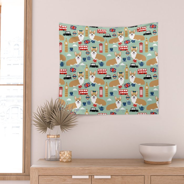 Welsh Corgi london england pattern cute corgis in britain dog breeds by pet friendly Wall Tapestry Gallery Image 2