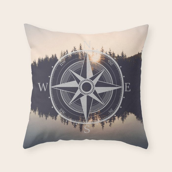 Wooded Lake Reflection Compass Throw Pillow Gallery Image 6