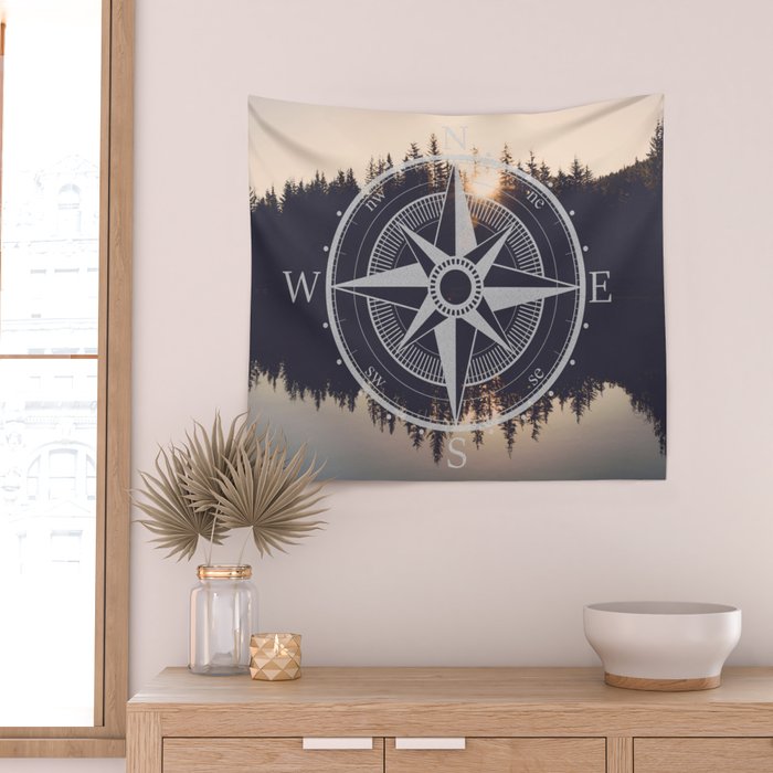 Wooded Lake Reflection Compass Wall Tapestry Gallery Image 2