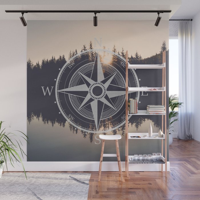 Wooded Lake Reflection Compass Wall Mural Gallery Image 1