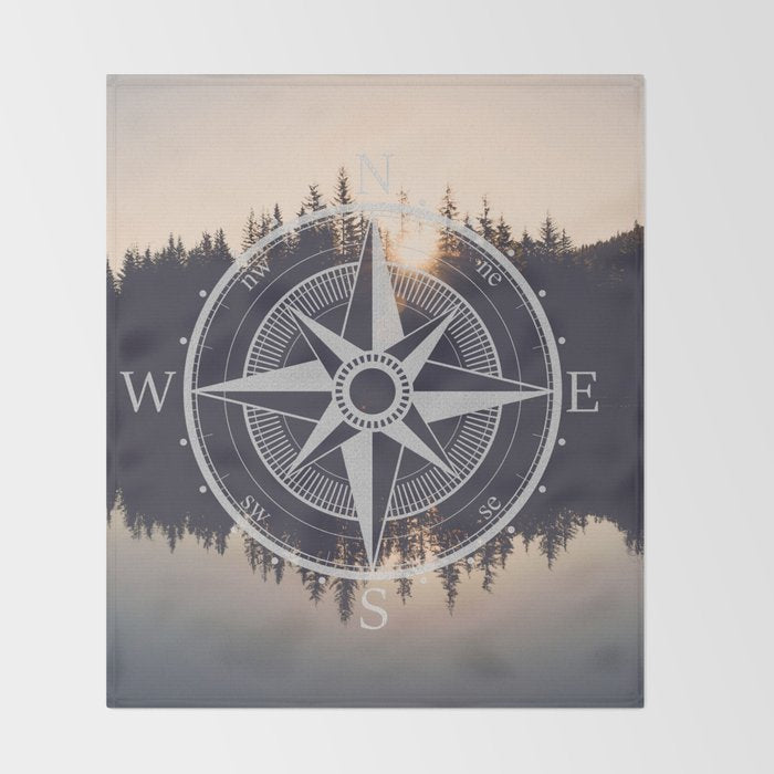 Wooded Lake Reflection Compass Throw Blanket Gallery Image 2