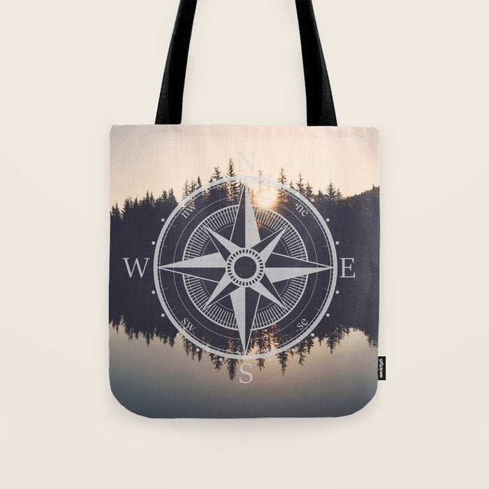 Wooded Lake Reflection Compass Tote Bag Gallery Image 1
