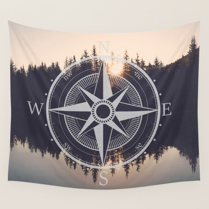 Wooded Lake Reflection Compass Wall Tapestry Gallery Image 1