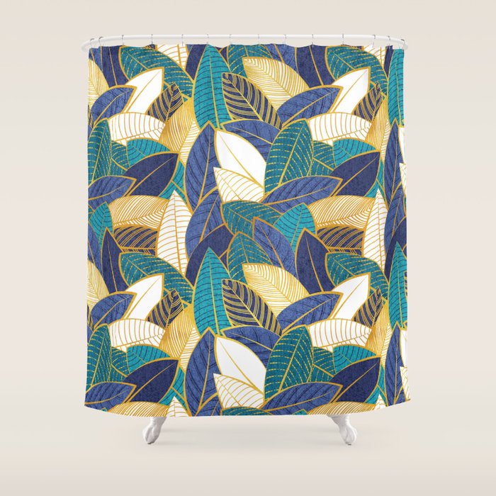 Leaf wall // navy blue royal blue and teal leaves golden lines Shower Curtain Gallery Image 1