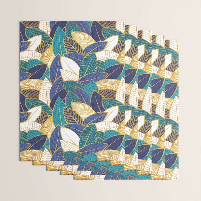 Leaf wall // navy blue royal blue and teal leaves golden lines Wrapping Paper Gallery Image 3