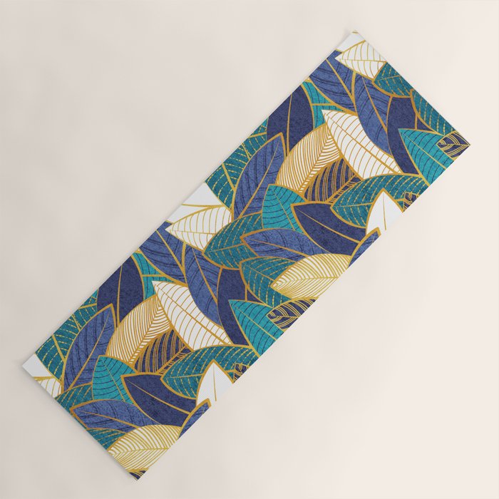 Leaf wall // navy blue royal blue and teal leaves golden lines Yoga Mat Gallery Image 1