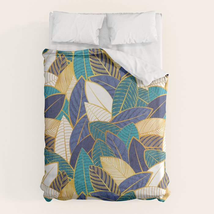 Leaf wall // navy blue royal blue and teal leaves golden lines Duvet Cover Gallery Image 1
