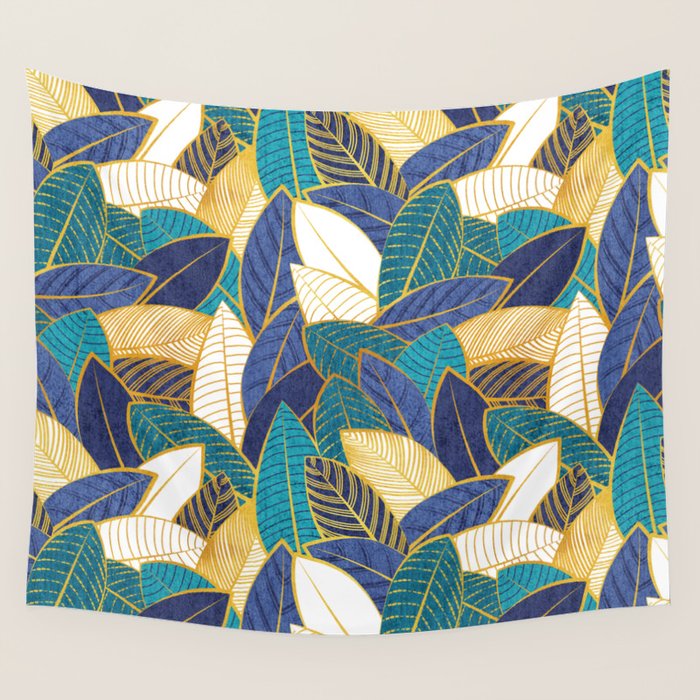 Leaf wall // navy blue royal blue and teal leaves golden lines Wall Tapestry Gallery Image 1