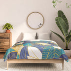 Leaf wall // navy blue royal blue and teal leaves golden lines Comforter Gallery Image 3