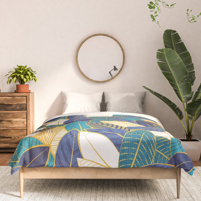 Leaf wall // navy blue royal blue and teal leaves golden lines Comforter Gallery Image 3