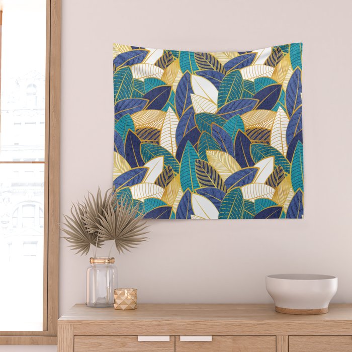 Leaf wall // navy blue royal blue and teal leaves golden lines Wall Tapestry Gallery Image 2