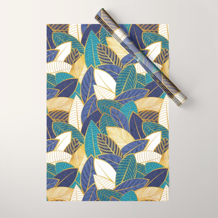 Leaf wall // navy blue royal blue and teal leaves golden lines Wrapping Paper
